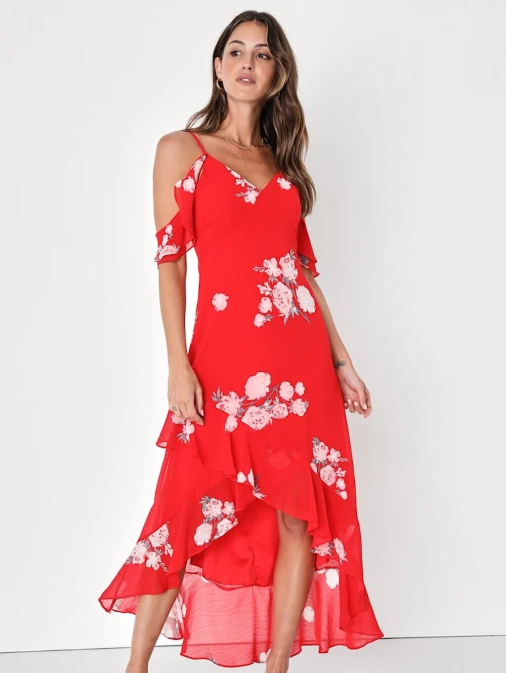 Lulus Love in Bloom Red Floral Print Off the Shoulder High low Dress Size M